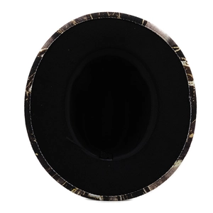 Internal view of wide brim fedora hat showing digital print brim and black lining