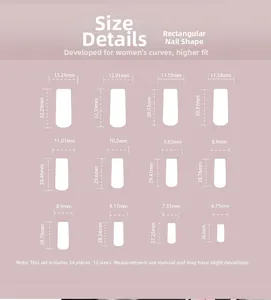Detailed size chart for pink rectangular press-on nails with 24 pieces and 12 dimensions