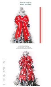 Detail of red flocked and burlap double-layer Christmas tree bows with festive prints