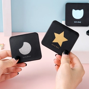Portable square black folding makeup mirror with gold moon and cat patterns