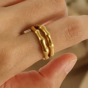 Anello Aperto A Bambù Placcato Oro 18K Acciaio Inossidabile Regolabile Gioielli Di Moda Per Donne