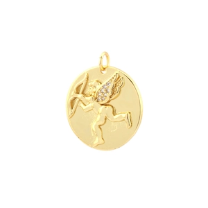 Detailed macro shot of golden Cupid angel pendant with sparkling zircon wings