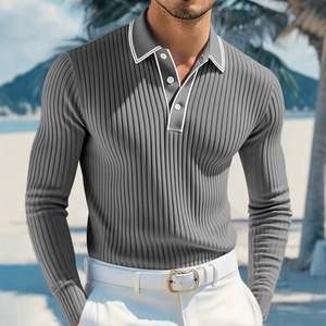 Men's grey long sleeve slim fit ribbed polo shirt featuring a three-button placket design