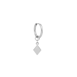 Modern silver stainless steel hoop earring with a sleek rhombus geometry pendant