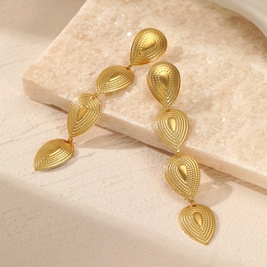 Vintage gold teardrop earrings in stainless steel with tiered geometric textured pendants