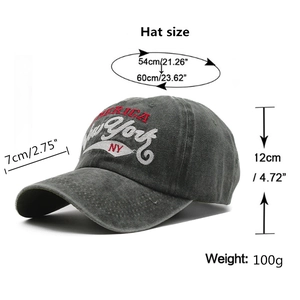 Washed charcoal grey cotton baseball cap with New York embroidery and adjustable sizing