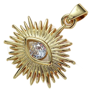 Gold-plated evil eye pendant necklace with sparkling cubic zirconia on white background