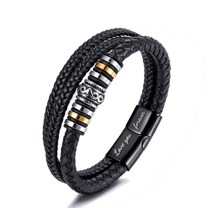 Close-up of triple-layer braided black leather bracelet with Love You Forever engraved clasp