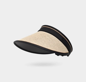 Detailed close-up of straw woven texture and black trim on UV protection sun visor hat