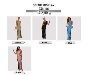 Collage of four slim fit satin dresses in green, black, blue, and pink with a side slit