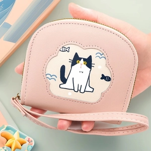 Cartoon Cat Pattern PU Leather Women Short Wallet Zipper Coin Purse With Wrist Strap For Daily Use Cute Wallet