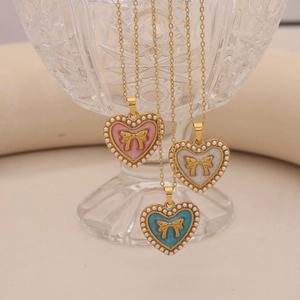 Heart Pendant Necklace Stainless Steel Faux Artificial Pearl Bow Enamel Vintage Style Gold Plated Jewelry Accessories For Women