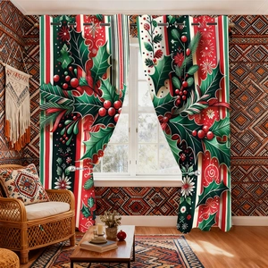 Detail of red Christmas velvet curtain featuring holly berries and snowflake patterns