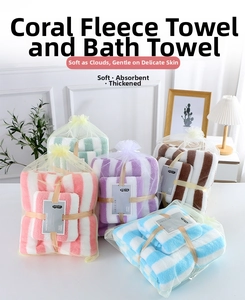 Close-up of soft striped coral fleece towel set in ribbon-tied mesh packaging