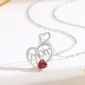 S925 silver MOM heart necklace featuring a vibrant red gemstone and sparkling accents
