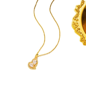 18K gold plated heart necklace with micro-paved zircons and fine gold chain