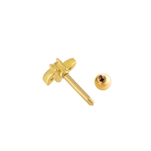 Golden butterfly heart stud earring with cubic zirconia and threaded ball back design
