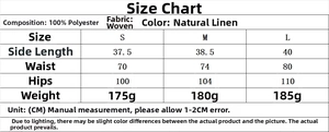 Detailed size chart for linen-blend sleeveless top and shorts set in natural beige