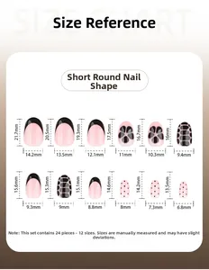 Guide des tailles montrant 12 dimensions pour faux ongles ronds en lot de 24