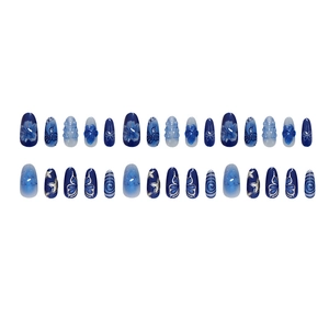 Blue almond press on nails with dreamlike starry sky butterfly and floral designs