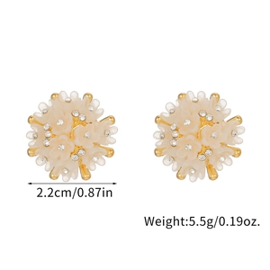 Detail view of 18K gold floral earrings with pearls and size 2.2cm weight 5.5g labels