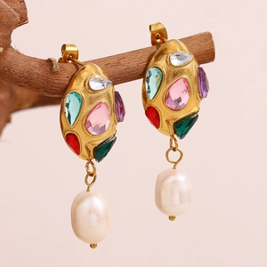Orecchini eleganti in acciaio placcato oro 18K con zirconi colorati e perle barocche
