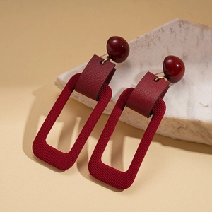 Retro deep red resin and leather rectangular geometric drop earrings for women