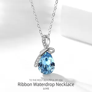 925 Sterling Silver Teardrop Pendant Necklace Blue Cubic Zirconia Ribbon Bow Elegant Fashion Jewelry Gift For Women