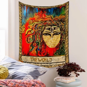 Detail of The World Tarot tapestry with decorative mystical art print on woven fabric