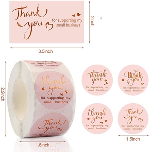 Pink gold foil Thank You business stickers and cards set for packaging supplies