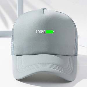 Grey mesh trucker hat featuring 100 percent battery icon print for outdoor casual sun protection