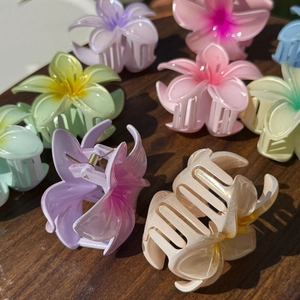 Close-up of colorful resin frangipani flower hair claws in macaron colors on a wood surface