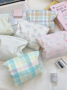 Large Capacity Polyester Canvas Makeup Bag Travel Toiletry Storage Pouch Cute Cat Print And Plaid Design For Women