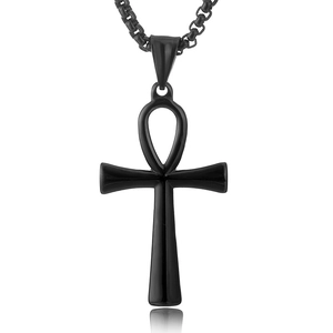 Polished black stainless steel Ankh cross pendant necklace on clean white background