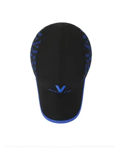 Close-up of V-shaped embroidery and sport cap lettering on breathable black baseball hat