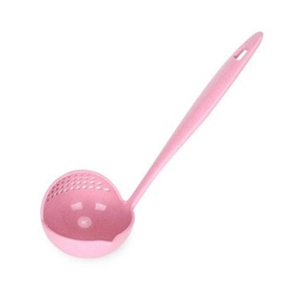 Close-up of pink 2-in-1 soup ladle with integrated strainer and pouring spout design