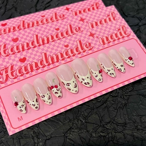 French leopard print press-on nails with 3D cherry accents in almond shape, size M