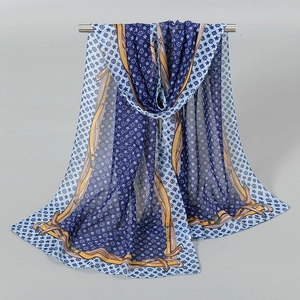 Blue and white chiffon scarf with vintage buckle and star patterns for summer sun protection