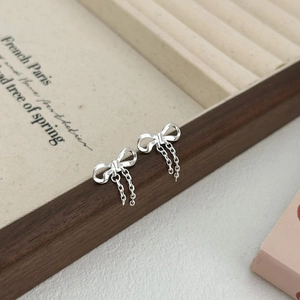 Elegant 925 sterling silver bowknot tassel stud earrings with long hanging chains