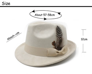 Detailed dimensions of beige suede fedora with 57-58cm circumference and feather detail