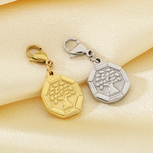 Detail of gold and silver octagonal Tree of Life pendants with lobster clasps on silk