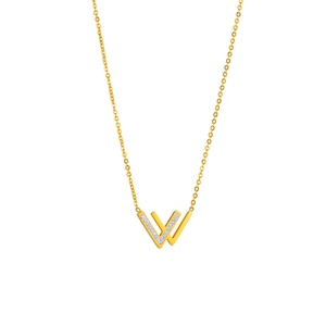 Minimalist gold titanium steel necklace featuring a crystal-encrusted W-shaped pendant