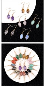 Close-up of assorted marquise-cut amethyst and gemstone drop earrings in various colors
