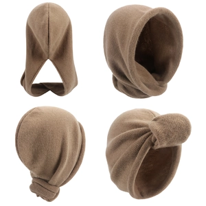 Detailed four-angle view of brown knitted hooded scarf with high-quality ribbed texture