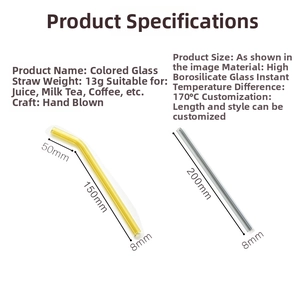 Detailed specs of heat-resistant borosilicate glass straws in yellow and clear colors
