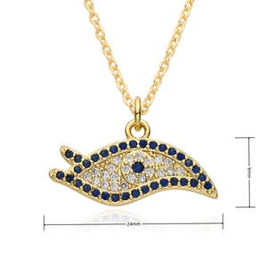 Detail shot of 18K gold plated evil eye pendant with blue zircons and size markings