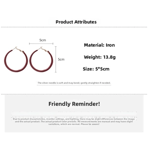 Deep red round hoop earrings in iron with a 5cm diameter and silver needle design