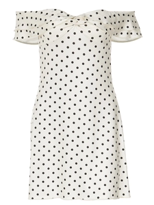Polka dot off-shoulder mini dress in cream satin with ruffled sleeves and twist front
