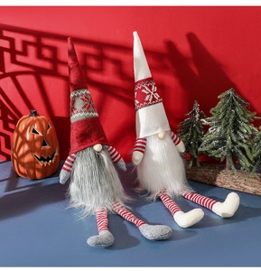 Close-up of Nordic Christmas gnomes with striped long legs and snowflake patterned hats