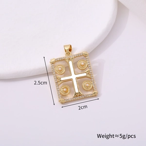 Macro view of gold-plated square cross pendant showing 2.5cm height and 2cm width dimensions